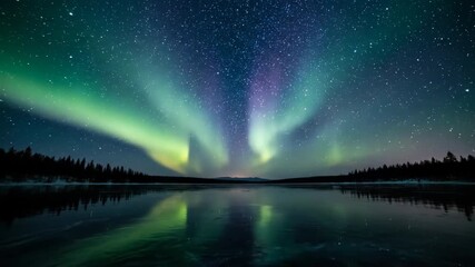 Wall Mural - vibrant northern lights flowing above a glassy frozen lake under a starry night sky timelapse timela