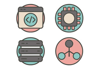 Modern flat design icons for web development, server infrastructure, CPU processing, and network connections