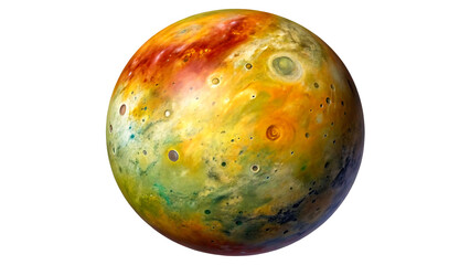 Colorful illustration of a fantasy planet with craters and abstract surface texture in space
