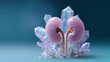 © MP-AI - Conceptual anatomy image of human kidney suffering from painful stone disease. organ surrounded by crystal formation shows problematic health condition
