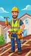 © Julia - Roofer with safety helmet standing on roof, holding hammer and wrench, cheerful expression. Concept of roofer with safety helmet emphasizing protection and bright surroundings.