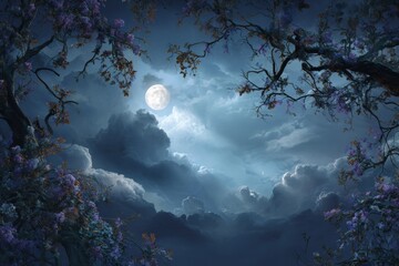 Wall Mural - The garden is filled with mysterious silhouettes created by cool white spotlights that shine through twisted branches, simulating a ghostly pale moonlight
