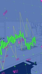 Wall Mural - Green graph and processing data over computers on desks in empty office