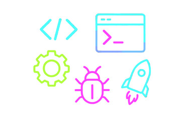 Wall Mural - Colorful coding symbols representing software development and debugging processes in a modern digital workspace