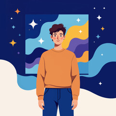 Wall Mural - Young Man in Orange Sweater, Dreamy Night Sky with Stars and Abstract Art