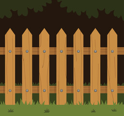 Wall Mural - Wooden Fence in Lush Green Garden with Tall Grass and Dark Background