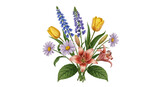 Isolated bouquet of elegant flowers illustration. Lilies, tulips, delphinium, and daisies