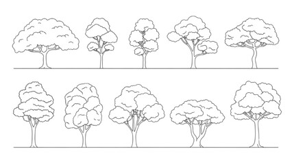 Wall Mural - Architectural Tree Line Drawings – Minimal CAD Side View Forest Section Outline Set for Landscape Design AI EPS PNG JPEG.
