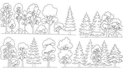 Wall Mural - Architectural Tree Line Drawings – Minimal CAD Side View Forest Section Outline Set for Landscape Design AI EPS PNG JPEG.
