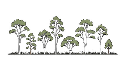 Wall Mural - Architectural Tree Line Drawings – Minimal CAD Side View Forest Section Outline Set for Landscape Design AI EPS PNG JPEG.
