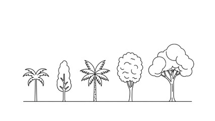 Wall Mural - Architectural Tree Line Drawings – Minimal CAD Side View Forest Section Outline Set for Landscape Design AI EPS PNG JPEG.
