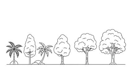 Wall Mural - Architectural Tree Line Drawings – Minimal CAD Side View Forest Section Outline Set for Landscape Design AI EPS PNG JPEG.
