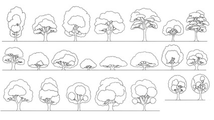 Wall Mural - Architectural Tree Line Drawings – Minimal CAD Side View Forest Section Outline Set for Landscape Design AI EPS PNG JPEG.
