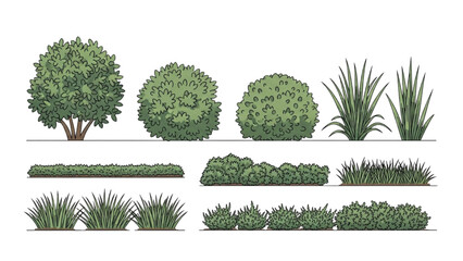 Wall Mural - Architectural Tree Line Drawings – Minimal CAD Side View Forest Section Outline Set for Landscape Design AI EPS PNG JPEG.
