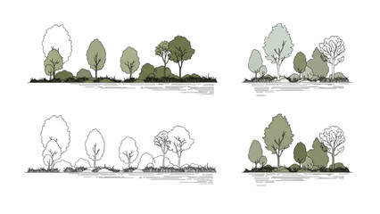 Wall Mural - Architectural Tree Line Drawings – Minimal CAD Side View Forest Section Outline Set for Landscape Design AI EPS PNG JPEG.
