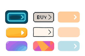Variety of Buy Buttons. Creative Styles in modern flat vector : neon glowing buy now button, pixel art buy now button, hand-drawn sketch buy now