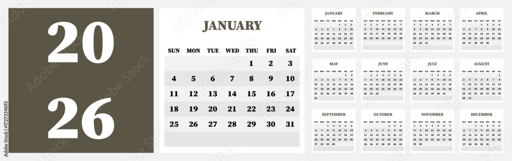 Vector calendar. Year 2026. Week starts on Sunday. Has 12 months ...