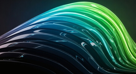 Gloss-coated futuristic structure with subtle ribbed geometry, featuring a gradient spectrum from shadowy black to luminous teal and bright green. Reflections dance across its surface like moving ener