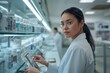 © Maria - Pharmacist in white coat counts pills under bright fluorescent pharmacy lights