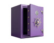 © ArtHive Studio - Open purple 3d rendered safe with silver wheel and lock on black background vault security