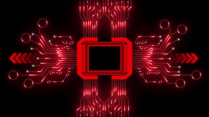 Futuristic red circuit board with glowing lines and data flow on black background. Technology circuit board with digital chip and glowing red light. Futuristic AI innovation concept.