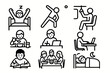 © kamila - Daily Routine Icons. Situations icons in outline style: morning wake-up, person exercising, person eating breakfast, person commuting, person working