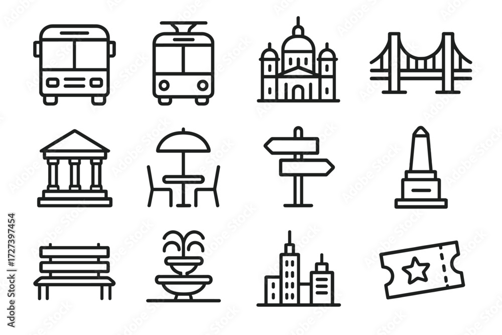 City Tour Icons. City tour icons in outline style: bus, tram, landmark ...