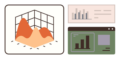 3D chart with orange peaks, vertical bar graphs, and data dashboard interface. Ideal for analytics, statistics, presentations, business growth, data science, reporting simple flat metaphor