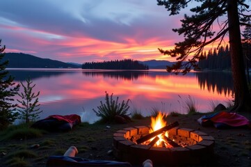 Wall Mural - Serene lakeside camping scene at dusk. Glowing campfire casts warm light on tranquil water, reflecting the fiery embers, flames, water
