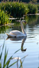 Wall Mural - Graceful white swan glides serenely across a calm lake, its reflection mirrored in the still water, surrounded by lush green reeds, graceful, avian