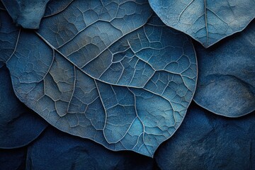 Wall Mural - Close-up of intricately veined, dark blue leaves, showcasing natural texture and detail.