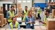 © sayuran - Warehouse Team Collaboration: Happy Workers Using Tablets and Laptops in a Busy, Bright Warehouse