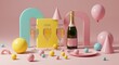 © uzii - Vibrant pastel photo of a party setup with a champagne bottle and abstract shapes, perfect for a modern design aesthetic
