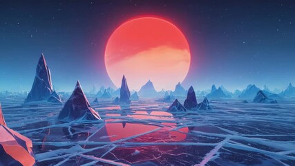 Wall Mural - A red star rising above a frozen exoplanet surface 