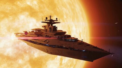 Wall Mural - A starship silhouette passing in front of a sun 