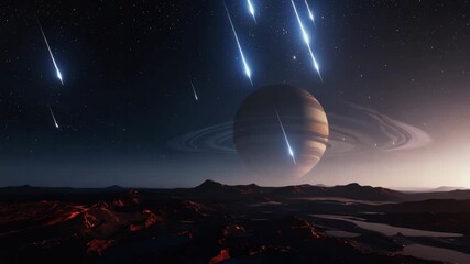 Wall Mural - A meteor shower seen from the surface of a nearby planet 