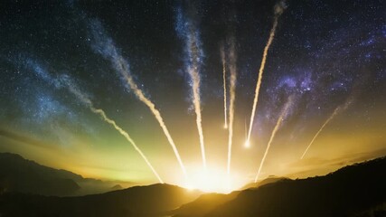Wall Mural - A starfield with meteors leaving glowing trails of fire 