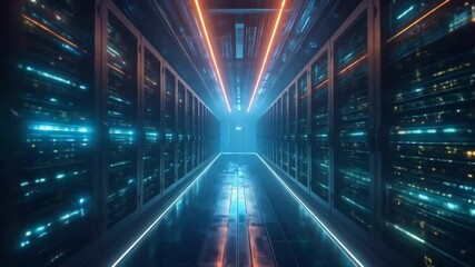 Futuristic Data Center Corridor Visualization with Server Racks and Neon Lights