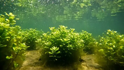 Wall Mural - slow underwater tracking shot through aquatic plants swaying gently in a clear pond, dappled sunligh
