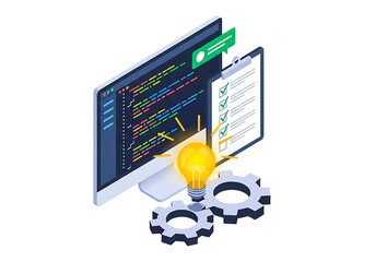 Coding and development concept with gears and lightbulb isolated on transparent background