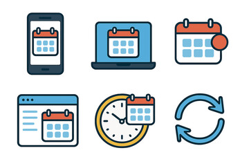 Calendar and synchronization silhouette icon set. smartphone, laptop, desktop, web interface, clock, sync symbols