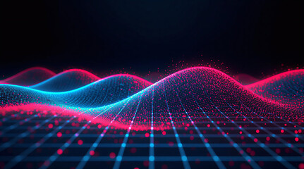 Wavy Digital Particle Mesh Landscape with Neon red and blue Glow