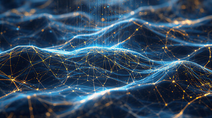 Abstract Digital Network Connection Mesh with Glowing Blue and Orange Lines