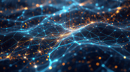 Abstract Digital Network Connection Mesh with Glowing Blue and Orange Lines