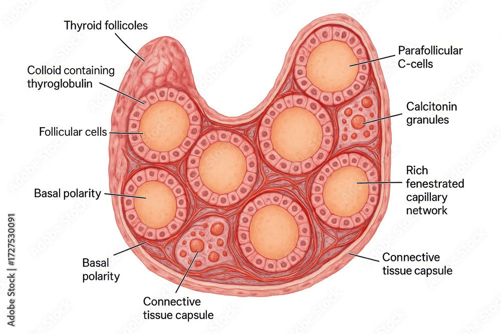 Diagram of the histology of the thyroid gland, showing follicles ...