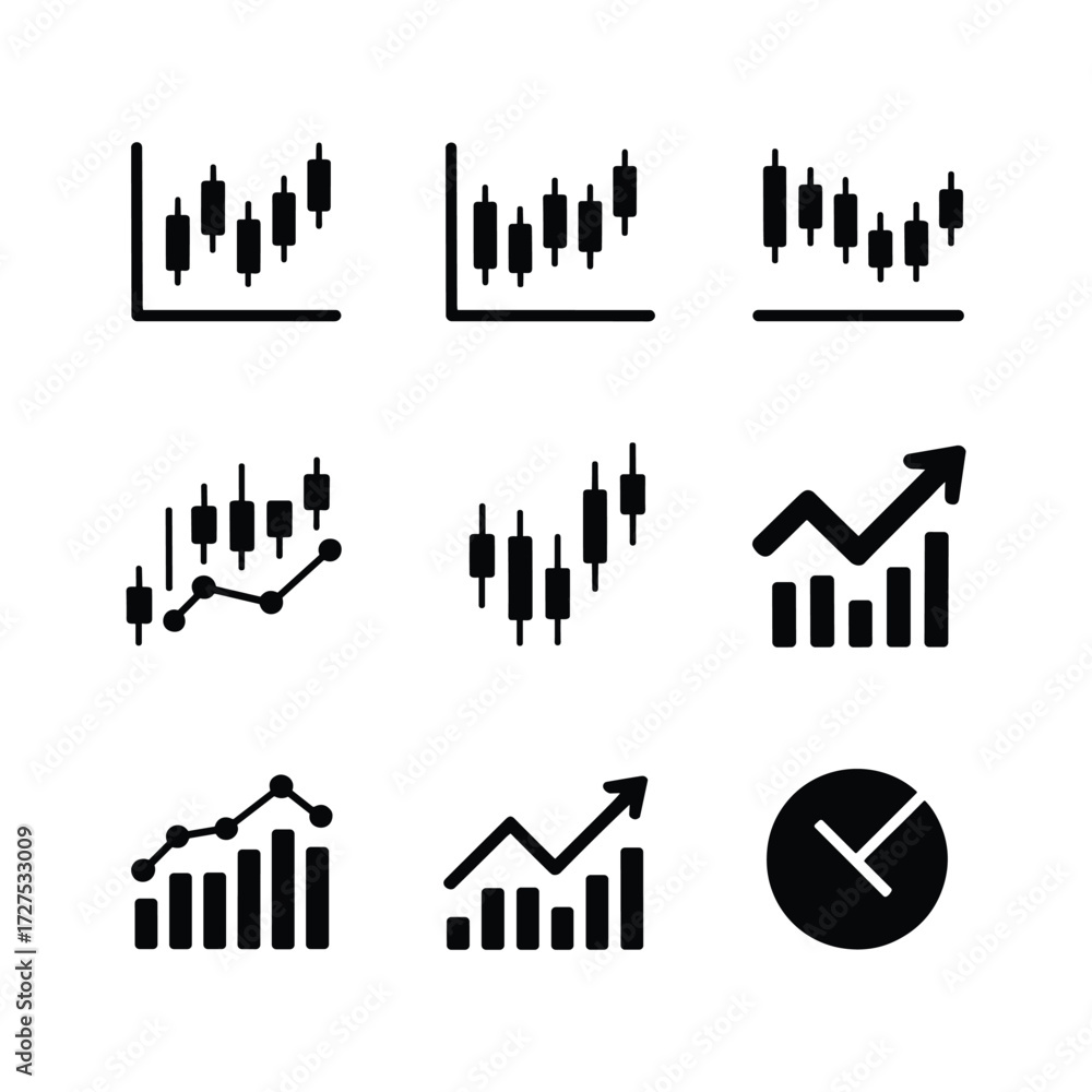 Collection of nine black and white financial candlestick and bar chart ...