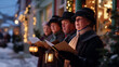 © Kateryna - Carolers in Victorian style coats sing door to door in a quaint village holding lantern lit songbooks snow blanketing rooftops and streets porch lights and candles in windows