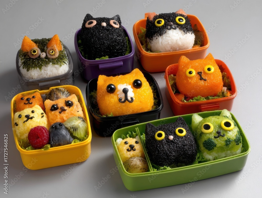 Bento Boxes with Animal Shaped Rice Balls in Various Colors and Designs ...