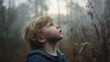 © Marina Darina - Young boy looking up with curiosity in foggy forest