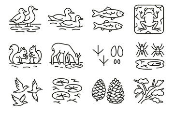 Naklejka na meble Frozen lily drinking branches squirrels wildlife insects pinecones vector birds lake footprints